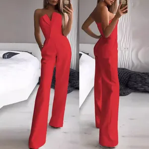 Eleganter trägerloser roter Jumpsuit mit weitem Bein für Damen Party und Bürokleidung