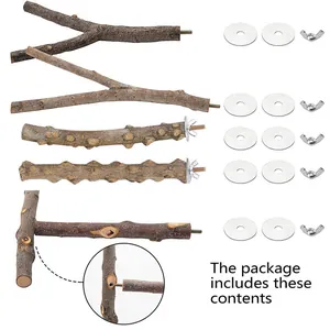 Complete package contents of natural wood bird perches including mounting hardware kit