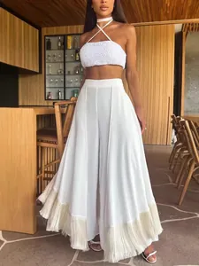 Women High Waist Flare Pants With Fringe Decoration Elegant Casual Commuting Solid Color Trousers Bottom