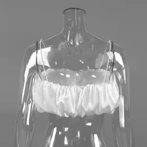 Chic white satin ruffled cropped camisole top with thin spaghetti straps for women