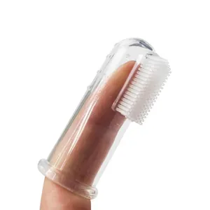 Transparent silicone finger toothbrush for dog and cat oral hygiene and gum care.