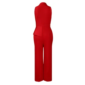 Back view of red sleeveless wide-leg jumpsuit with elegant waist peplum detail.