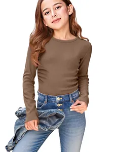 Stylish girls' brown long-sleeve ribbed T-shirt with a round neck and slim fit casual look