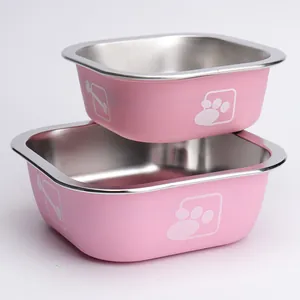 Roze stapelbare roestvrijstalen voerbakken voor honden en katten met pootjes-design