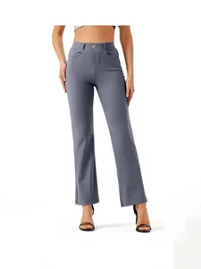 High-quality women's solid color elastic waist straight leg casual yoga pants.