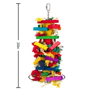 Large colorful wooden parrot chew toy with cotton rope 20x14 inches for bird cage