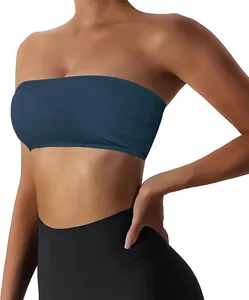 Detailed view of a seamless navy blue strapless tube top sports bra for women's activewear