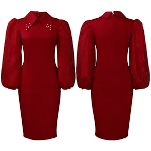 Detailed front and back view of a red pencil dress with pearl collar and mesh sleeves