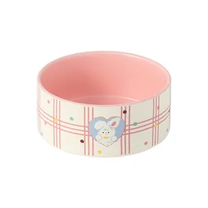 Cute ceramic pet food bowl with pink grid pattern and white rabbit heart illustration