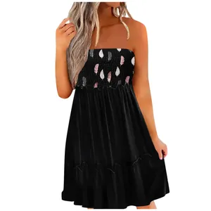 Casual strapless smocked mini dress with feather print and tiered skirt for women
