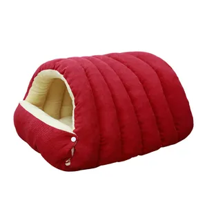 Red semi-enclosed pet bed for cats and small dogs with soft plush interior lining