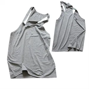 Professional detail view of a gray men's racerback gym tank top on a plain white background