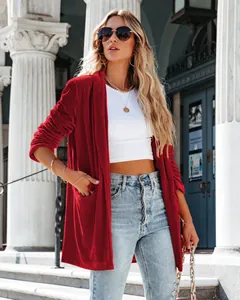 Stylish wine red velvet coat with open front and lapel, perfect for chic autumn street style.