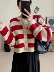 Chic red and beige striped knit cardigan for women, short autumn winter sweater jacket.