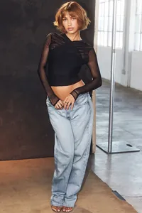 Vintage black sheer mesh long sleeve slim fit top with sexy cross V-neck design detail