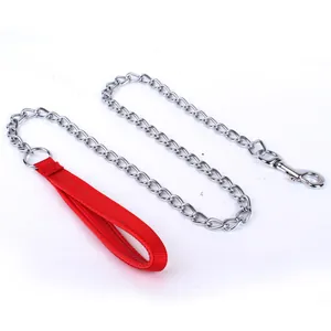 Heavy-duty metal chain dog leash with soft red foam handle for medium large dogs