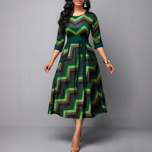 Plus size women's round neck zigzag striped print maxi dress with a high waist belt