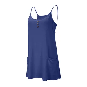 Detail view of blue sleeveless summer dress with spaghetti straps and buttons