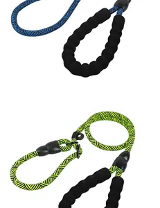 Close-up of heavy-duty P-rope dog leash with soft foam handle and neon green braided design