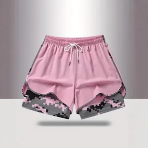 Pantaloncini sportivi rosa 2-in-1 da donna con fodera mimetica e coulisse in vita