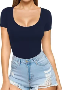 Macro view of a women's navy blue low scoop neck short sleeve slim fit bodysuit