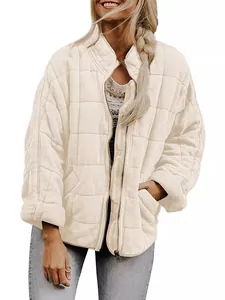 Women's loose fit cream quilted bomber jacket with stand collar and side pockets