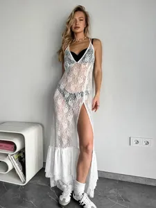 Elegant white floral lace see-through maxi dress with V-neck and high side slit design