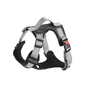 Adjustable gray reflective dog vest harness with padded mesh for medium large dogs