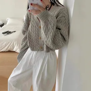 Stylish grey cable knit short cardigan for women featuring a cozy thickened design