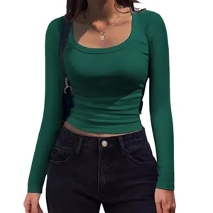 Close-up of a women's dark green ribbed long-sleeved T-shirt with a slim-fit square neckline.