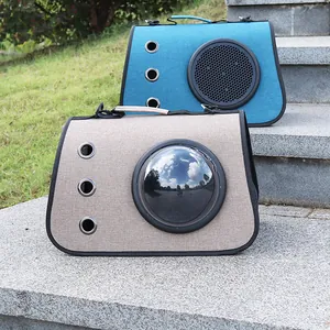 Portable space capsule pet carrier for cats and dogs in beige and blue colors