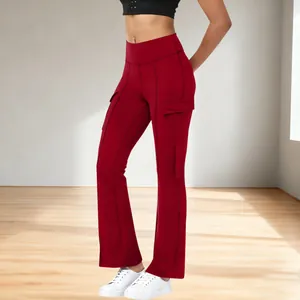 Detailed view of red high-waist cargo yoga pants with side pockets and stitching.