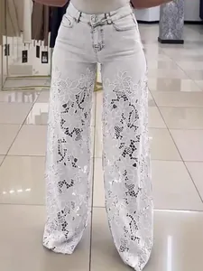 Summer 2025 women's high waisted wide leg jeans with white lace floral patchwork