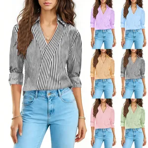 Camicetta estiva a righe da donna con scollo a V e maniche a 3/4 in vari colori vivaci