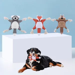Durable Pet Dog Plush Squeaky Rope Toy Interactive Animal Shape Bite Resistant Squirrel Fox Raccoon Design Teething Toy