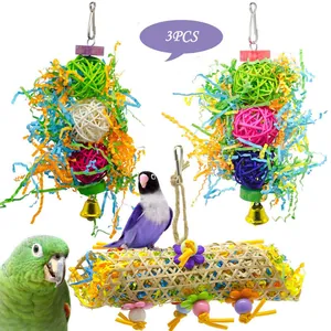 Natural Bamboo Rattan Parrot Bird Chewing Foraging Toys With Colorful Shredded Paper Bell For Small Medium Parrots Conures Cockatiels