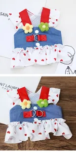 Denim pet dog harness dress with red heart ruffles and flower decoration details
