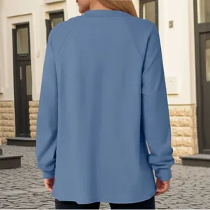Achteraanzicht van een casual staalblauwe dames sweatshirt met lange mouwen buiten