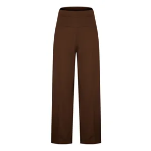 Detail of women's high-waisted brown straight yoga pants showing pocket and seams.