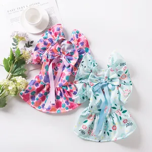 Sweet Floral Pet Dog Dress Summer Thin Breathable Cat Puppy Skirt With Bowknot Leash D-Ring For Small Dogs Cats Clothing