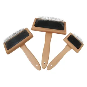 Professional Pet Wood Slicker Brush Cushion Stainless Steel Pins Dogs Cats Grooming Deshedding Dematting Tool Solid Wood Handle