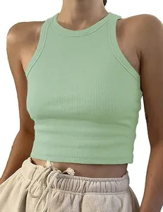Macro view of mint green ribbed sleeveless crop top showing high-quality fabric texture
