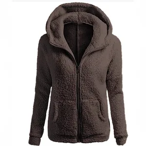 Women's cozy solid brown hooded fleece jacket featuring a full-length zipper closure