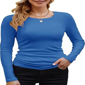 Detail view of a women's blue ribbed long sleeve crew neck t-shirt in slim fit style