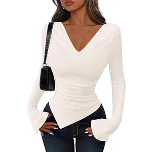 White slim fit long sleeve top with asymmetric hem and draped cowl neck for women