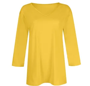 Close-up of a vibrant yellow women's V-neck T-shirt with comfortable three-quarter sleeves