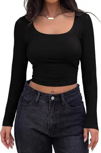 Close-up of women's black ribbed slim fit square neck long sleeve crop t-shirt