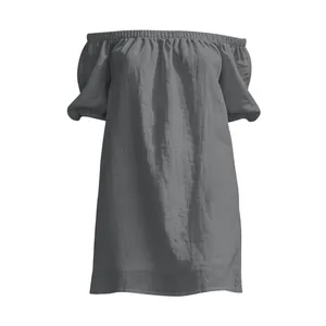 Elegantes graues schulterfreies Minikleid aus Baumwollleinen mit lockerer Passform für Damen