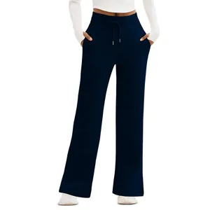 Women's high-waist navy blue wide-leg casual pants with drawstring and side pockets.