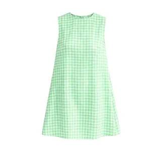Detail showing the green and white gingham pattern of the sleeveless A-line mini dress